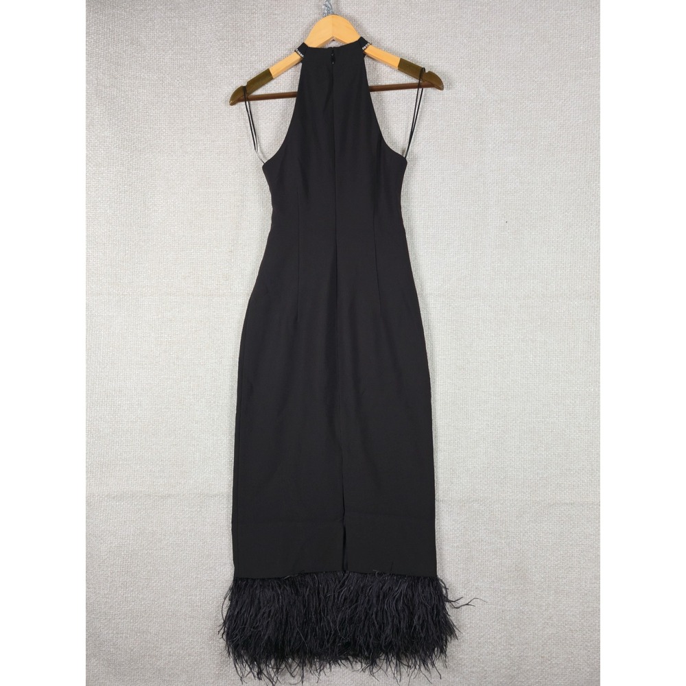 LIKELY Hadley Dress Black Halter Rhinestone Keyhole Ostrich Feather Hem Midi 0 - Picture 7 of 13